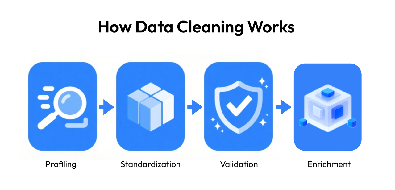 The workflow involves detecting errors, fixing inconsistencies, and preparing data for analysis