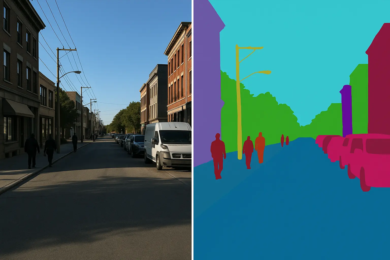 
    AI-powered semantic segmentation: raw image vs. color-masked output
  
