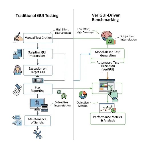 Comparison of traditional GUI testing vs VeriGUI-driven benchmarking