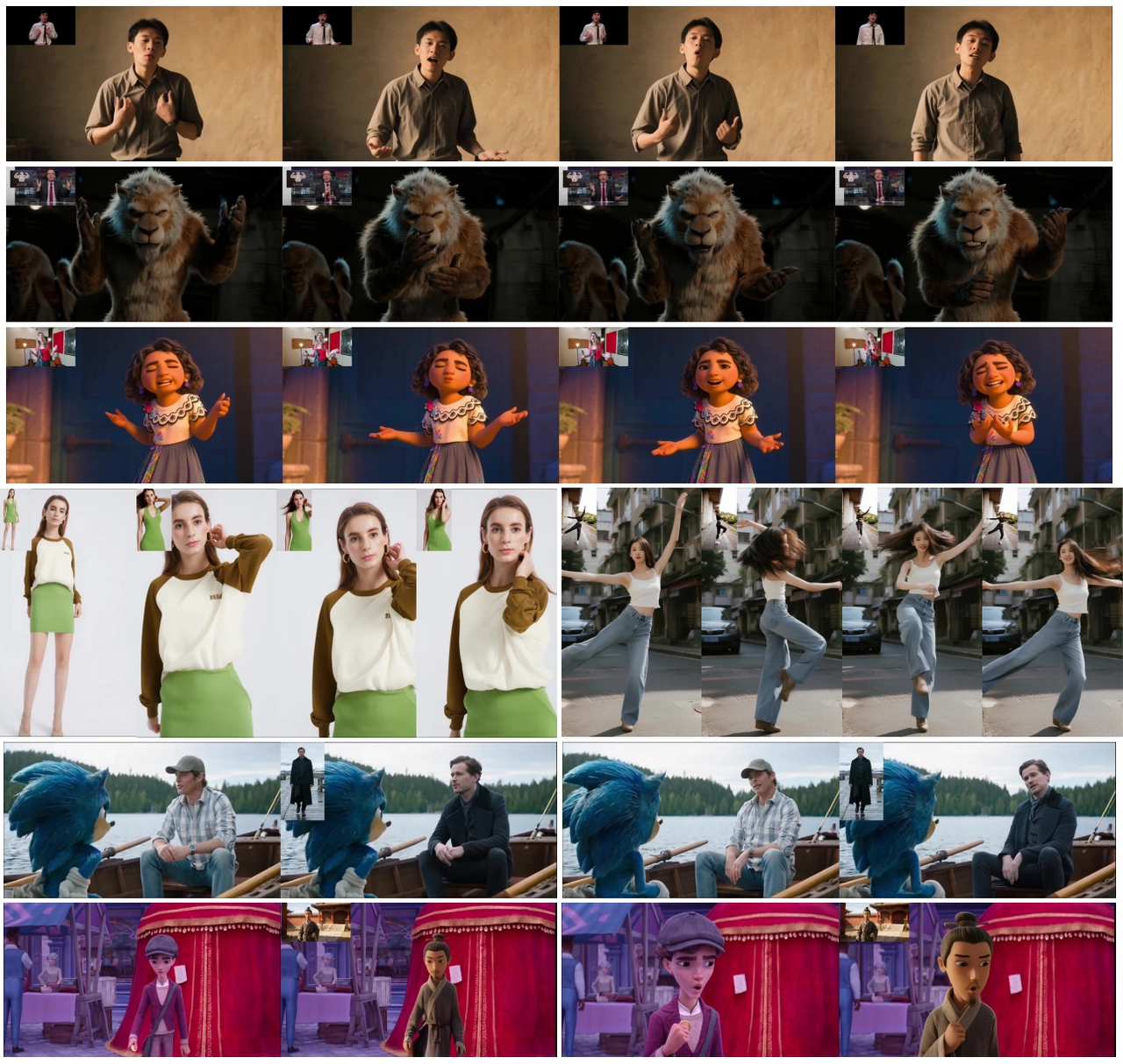 A showcase of Wan-Animate's versatility across various applications, from animated characters to realistic human motion.