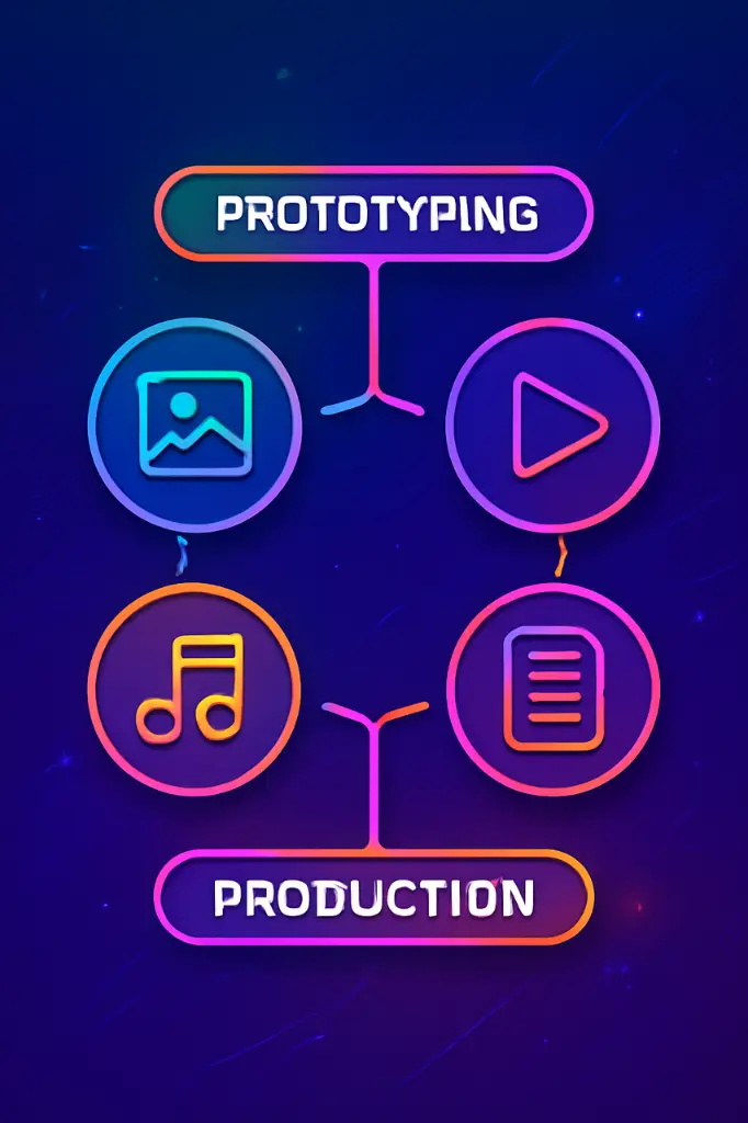 A flowchart illustrating the transition from prototyping to production in full-spectrum media generation, encompassing images, video, audio, and text.