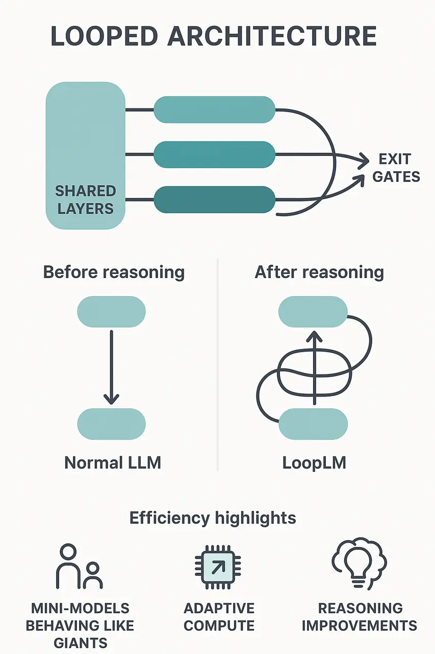 Looped architecture diagram, single-pass reasoning vs multi-pass refinement, and efficiency highlights
