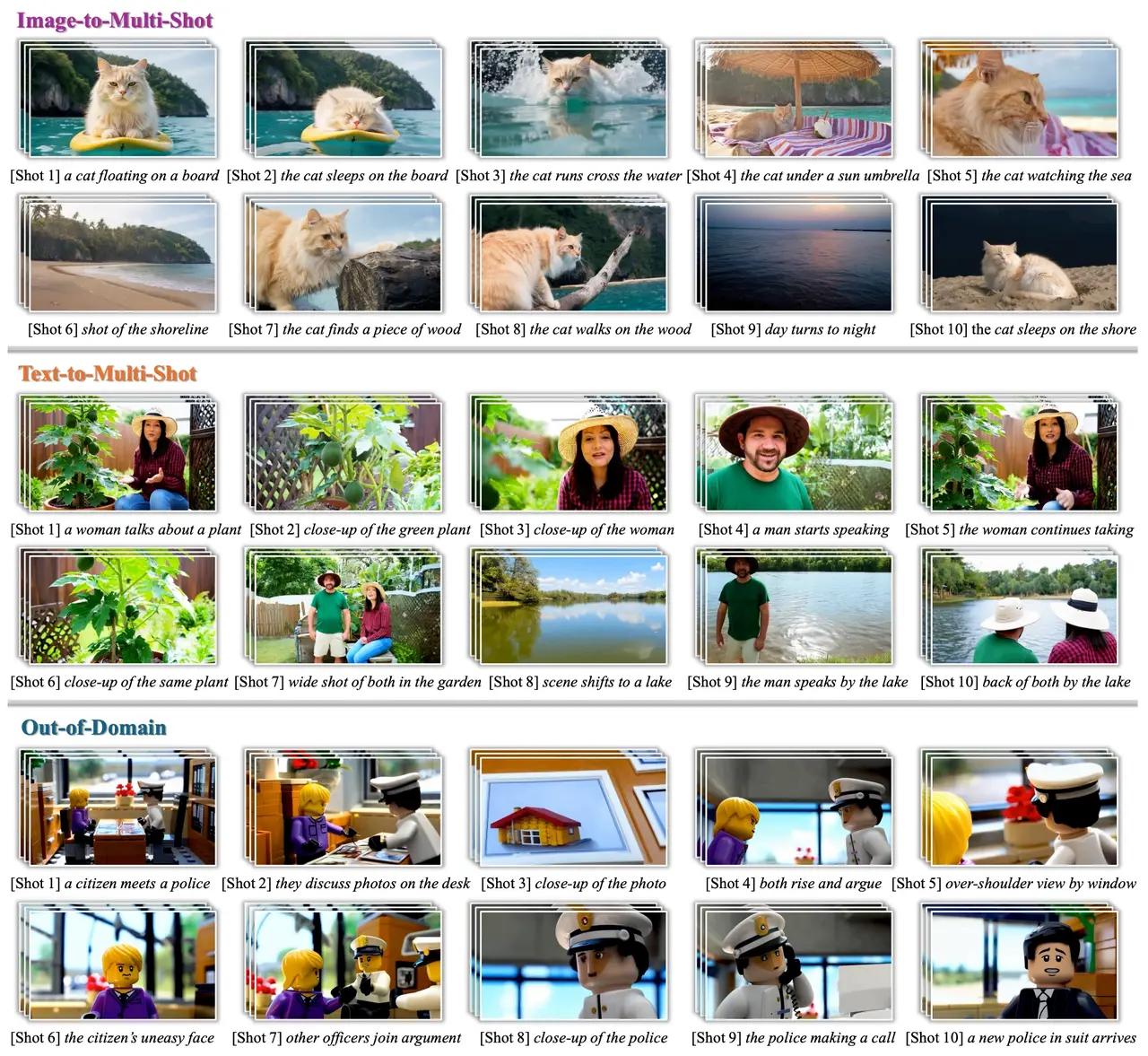 OneStory generates 10 coherent shots across diverse scenes.